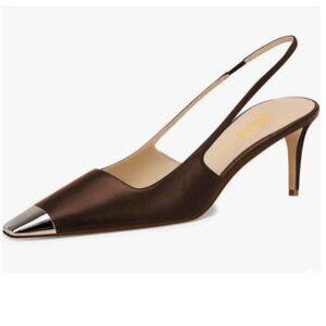 miss left Brown Stylish Slingback Square Toe Metal Cap Kitten Heels Slip On Pump